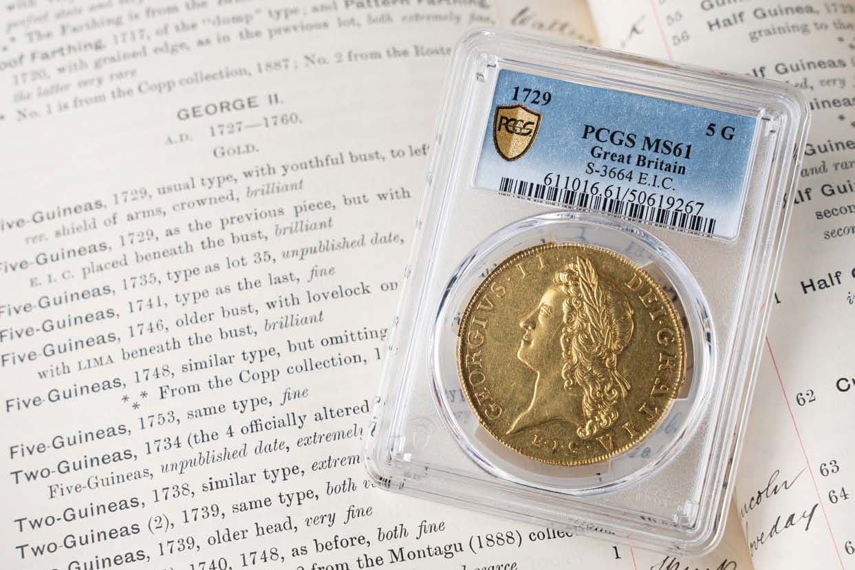 George II (1727-60), Five-Guineas, 1729 TERTIO, East India Company issue, large lettering, laureate head left, E. I. C. …