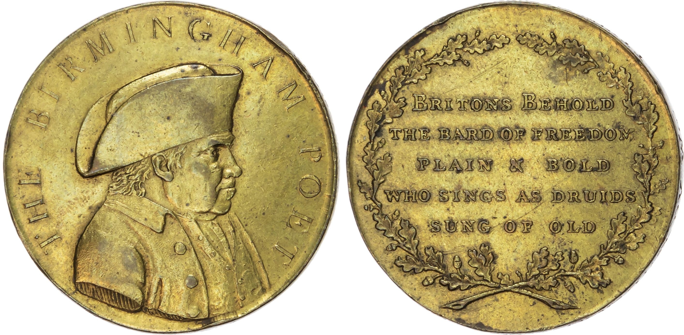 (†)Warks. Birmingham , John Freeth, The Birmingham Poet (publican), a brass Penny/medalet, c.1795, unsigned [for …